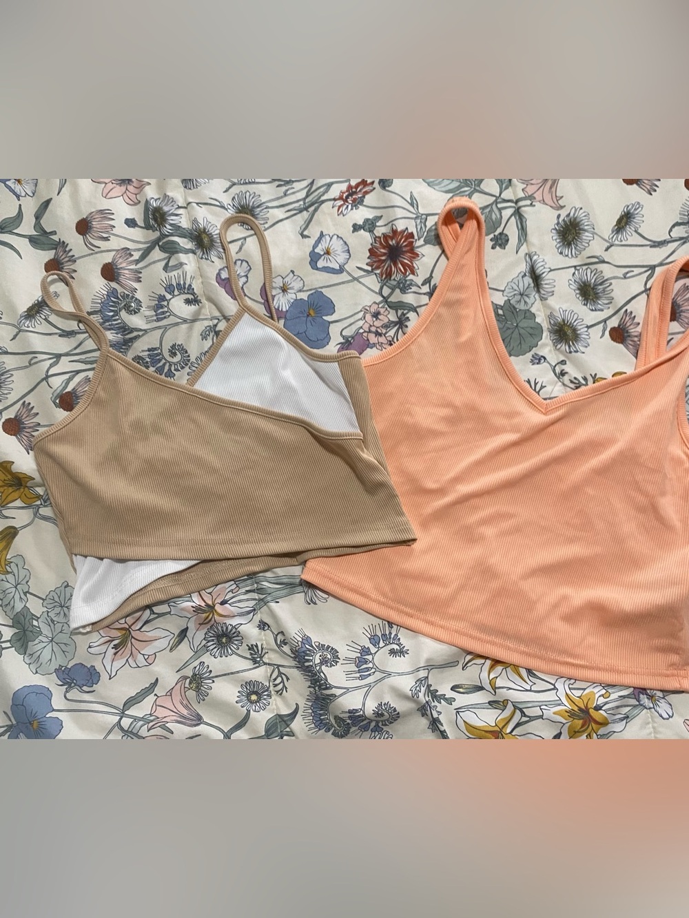 SHEIN Beige Crop Bralette & Peach Ribbed Tank Set